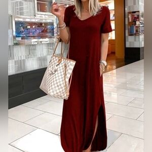 Zenana Outfitter T-Shirt Dress Boho L Maroon V-Neck Side Pockets